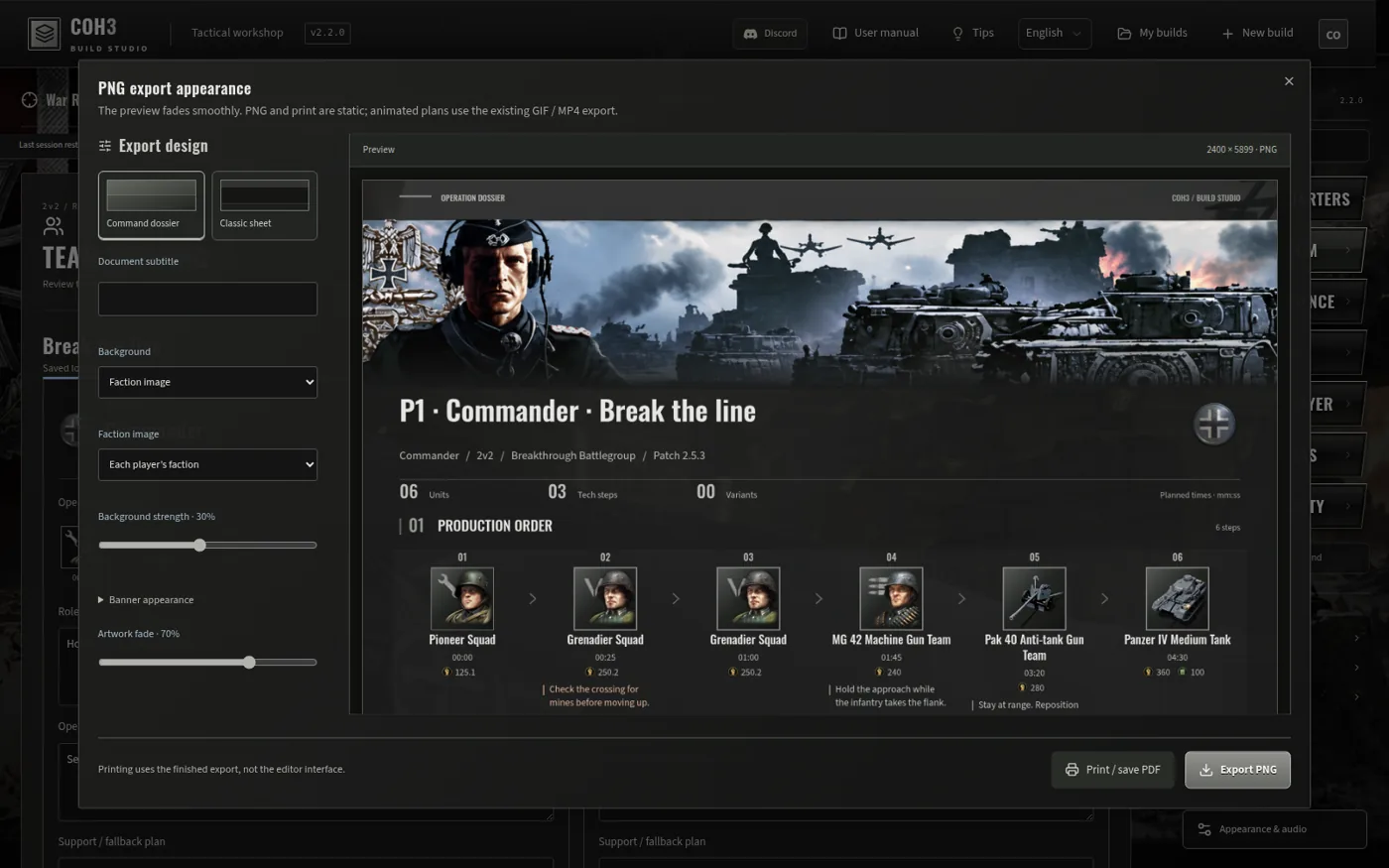 Build export controls and the Command dossier layout.